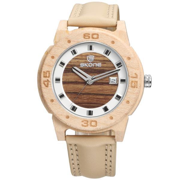 SKONE 3816 Fashion Men Wooden Watch Casual Leather Strap Sport Wrist Watch