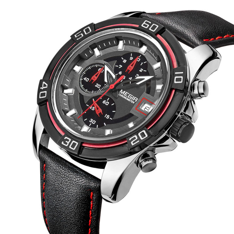 MEGIR 2023 Men Watch Luxury Leather Strap Chronograph Casual Male Quartz Wrist Watch