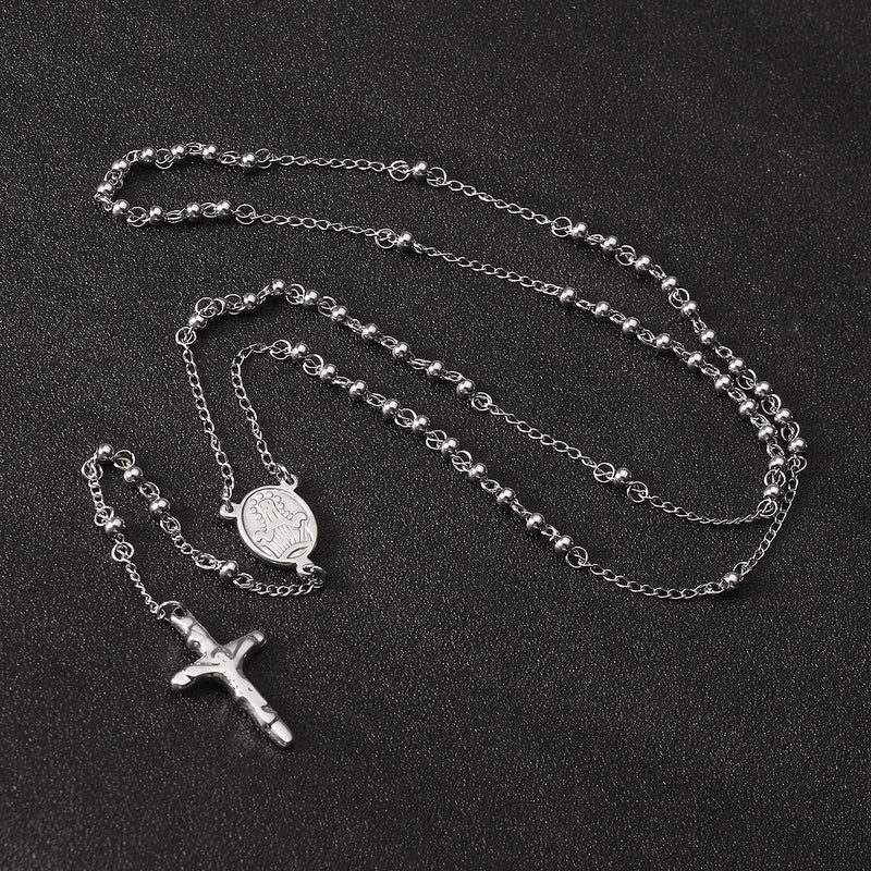 4/5/6/8mm Silver Tone Crossed Pendant Stainless Steel Bead Chain Jesus Christ Rosary Long Necklace Mens Womens Jewelry