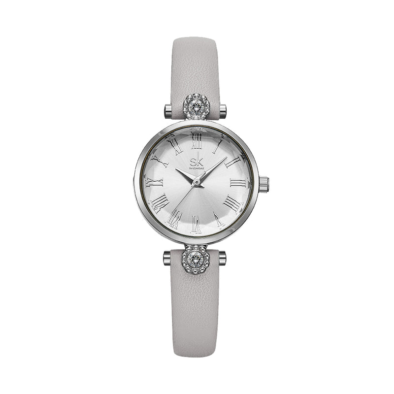 SHENGKE SK K9009 Crystal Roman Numerals Dial Leather Strap Ladies Dress Watch Women Quartz Watch