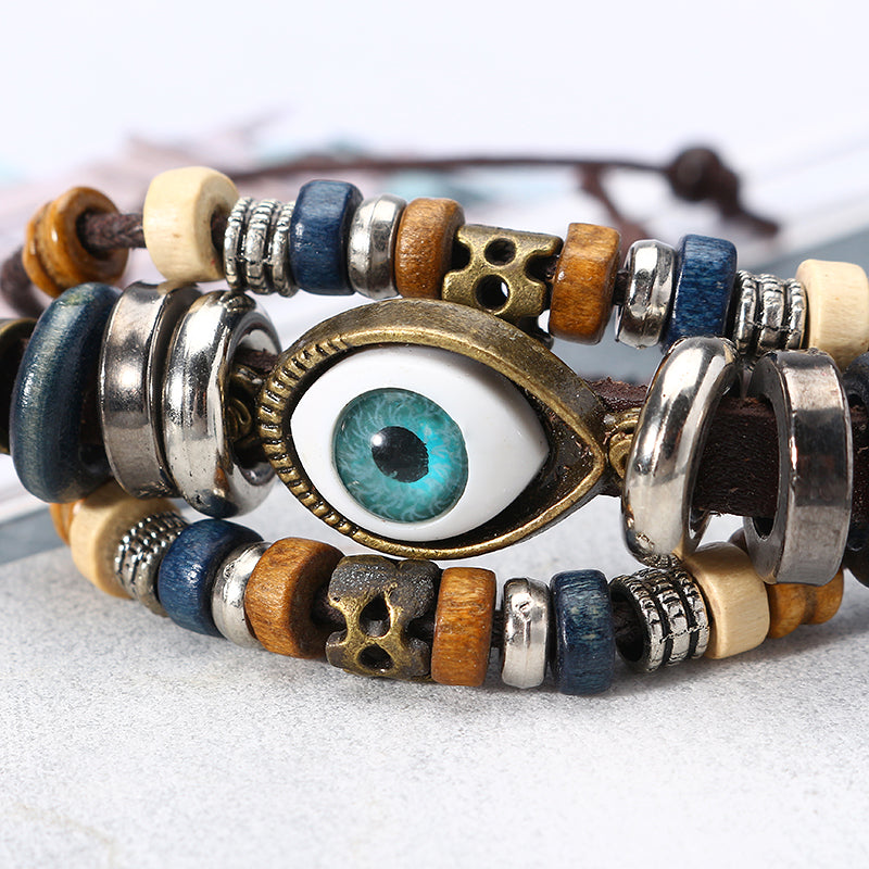 Multilayer Beaded Bracelet Eyeball Hand Woven Artificial Leather Bracelet for Women Men