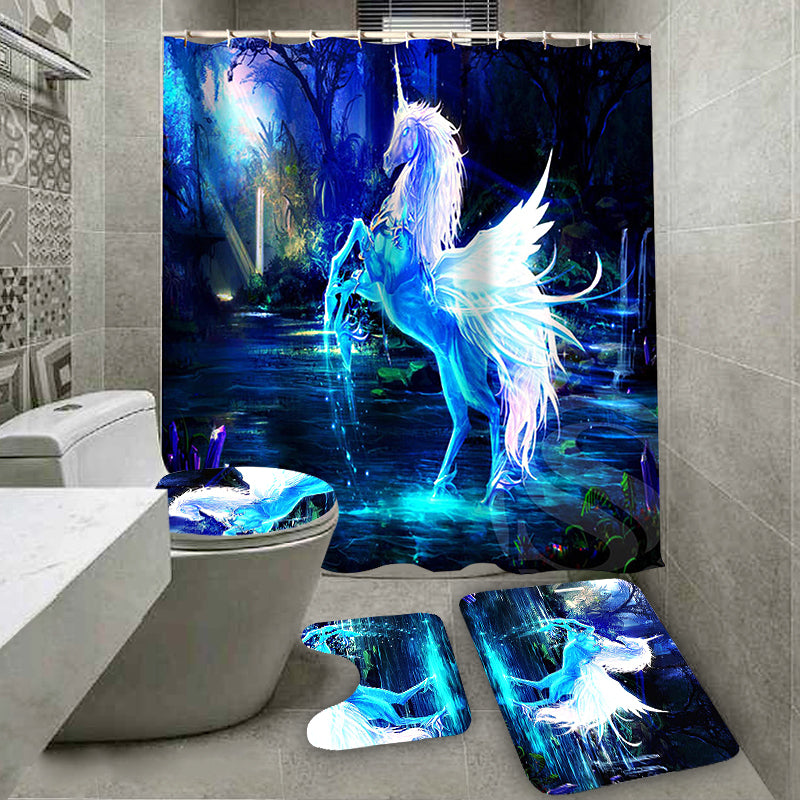 Bathroom Horse Shower Curtain Toilet Cover Mat & Pedestal Rug Mat & Bath Nonslip Mat