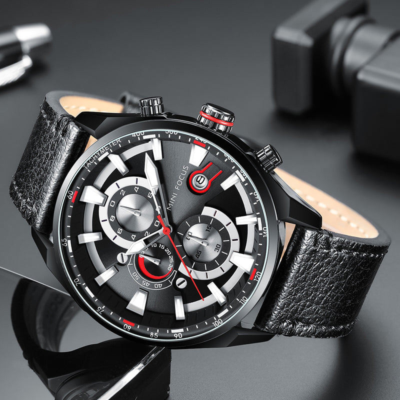MINIFOCUS 0202G Fashion Business Men Watch Waterproof Leather Strap Large Dial Male Quartz Watch
