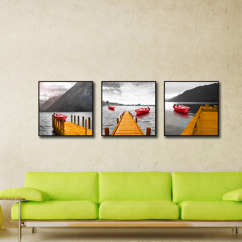Miico Hand Painted Three Combination Decorative Paintings Red Boat Wall Art For Home Decoration