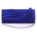 Women Girls Ladies Fashionable Glossy Satin Rose Flower Chain Strap Purse Handbag Clutch Wedding Party Accessory Blue
