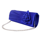 Women Girls Ladies Fashionable Glossy Satin Rose Flower Chain Strap Purse Handbag Clutch Wedding Party Accessory Blue