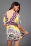 Women Girls Ladies Mini Short Sleeves V Neck Summer Dress Clothing Outfit Accessory Yellow XL