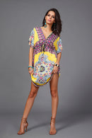 Women Girls Ladies Mini Short Sleeves V Neck Summer Dress Clothing Outfit Accessory Yellow XL