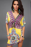 Women Girls Ladies Mini Short Sleeves V Neck Summer Dress Clothing Outfit Accessory Yellow XL