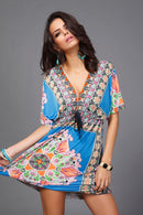 Women Girls Ladies Mini Short Sleeves V Neck Summer Dress Clothing Outfit Accessory Blue XL