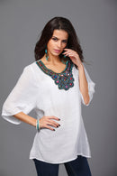 Women Girls Summer Party Casual Clothing Fashion Neck Embroidery Half-Sleeve Plus Size Autumn Loose Blouses Shirt Top White 3XL