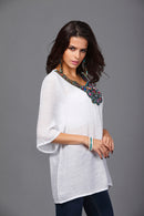 Women Girls Summer Party Casual Clothing Fashion Neck Embroidery Half-Sleeve Plus Size Autumn Loose Blouses Shirt Top White 3XL