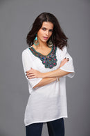 Women Girls Summer Party Casual Clothing Fashion Neck Embroidery Half-Sleeve Plus Size Autumn Loose Blouses Shirt Top White 3XL