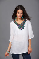 Women Girls Summer Party Casual Clothing Fashion Neck Embroidery Half-Sleeve Plus Size Autumn Loose Blouses Shirt Top White 3XL