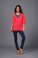 Women Girls Summer Party Casual Clothing Fashion Neck Embroidery Half-Sleeve Plus Size Autumn Loose Blouses Shirt Top Red Size L