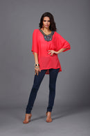 Women Girls Summer Party Casual Clothing Fashion Neck Embroidery Half-Sleeve Plus Size Autumn Loose Blouses Shirt Top Red Size XL