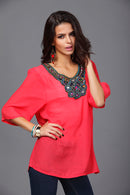 Women Girls Summer Party Casual Clothing Fashion Neck Embroidery Half-Sleeve Plus Size Autumn Loose Blouses Shirt Top Red Size XL