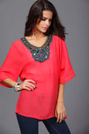 Women Girls Summer Party Casual Clothing Fashion Neck Embroidery Half-Sleeve Plus Size Autumn Loose Blouses Shirt Top Red Size XL