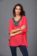 Women Girls Summer Party Casual Clothing Fashion Neck Embroidery Half-Sleeve Plus Size Autumn Loose Blouses Shirt Top Red Size XL