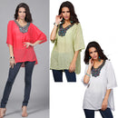 Women Girls Summer Party Casual Clothing Fashion Neck Embroidery Half-Sleeve Plus Size Autumn Loose Blouses Shirt Top Red Size 3XL