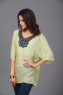 Women Girls Summer Party Casual Clothing Fashion Neck Embroidery Half-Sleeve Plus Size Autumn Loose Blouses Shirt Top Light Green L