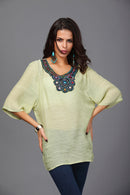 Women Girls Summer Party Casual Clothing Fashion Neck Embroidery Half-Sleeve Plus Size Autumn Loose Blouses Shirt Top Light Green L