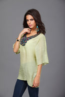 Women Girls Summer Party Casual Clothing Fashion Neck Embroidery Half-Sleeve Plus Size Autumn Loose Blouses Shirt Top Light Green 3XL
