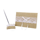Set Of Lace Embellished Burlap Guest Book With Pen And Stand Wedding Party Supplies
