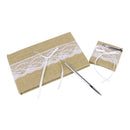 Set Of Lace Embellished Burlap Guest Book With Pen And Stand Wedding Party Supplies