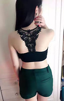Women Girls Ladies Fashionable Hollow Crochet Flower Back Design Cotton Blend Crop Top Vest Blouse Bra Black