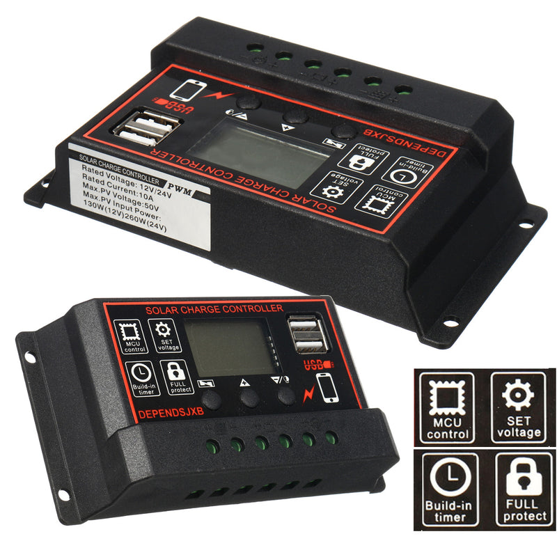 12v/24V Auto Solar Controller 10A-60A LCD Solar Charge Controller PWM Solar Panel Controller Solar Panel Battery Regulator With Dual USB Port