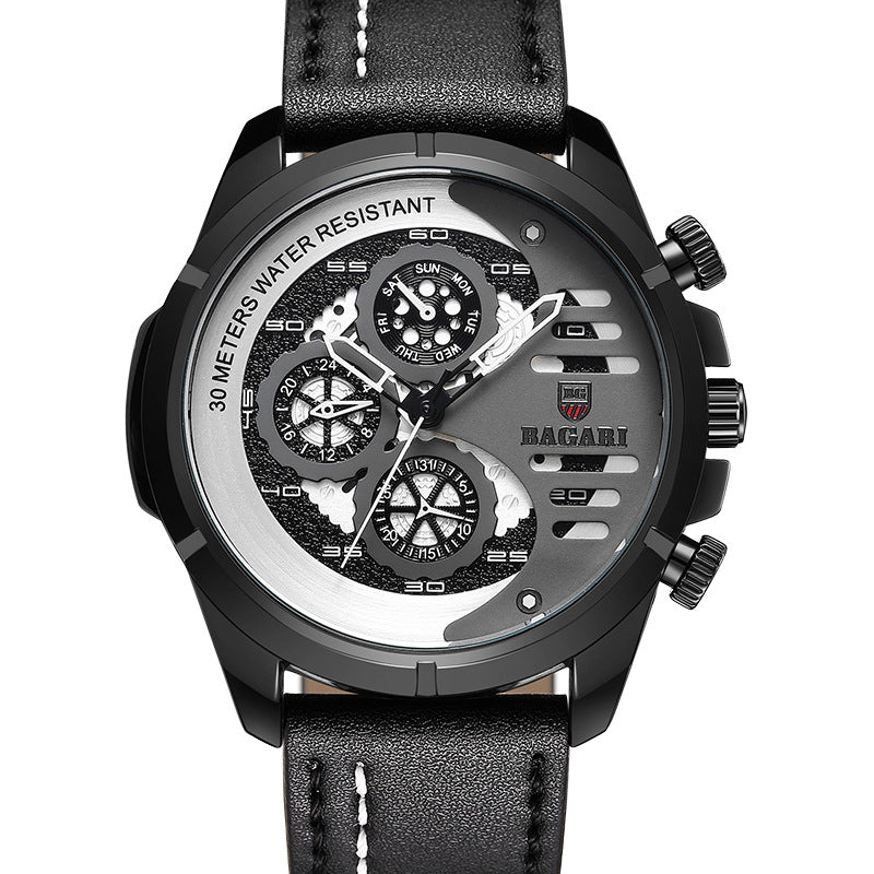 BAGARI 1802P Fashion Men Watch 3ATM Waterproof Week Display Leather Strap Quartz Watch