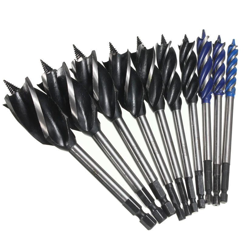 10pcs Four Slot Four Blade Wood Working Auger Drill Bit 10mm-32mm Hex Shank Bore Hole Twist Drill Bit