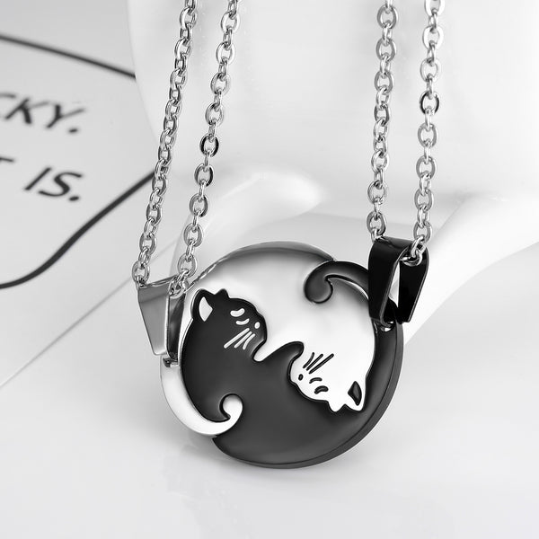 Trendy Geometric Animal Stainless Steel Necklace Cute Sweet Cat Pendant Puzzle Couple Necklace