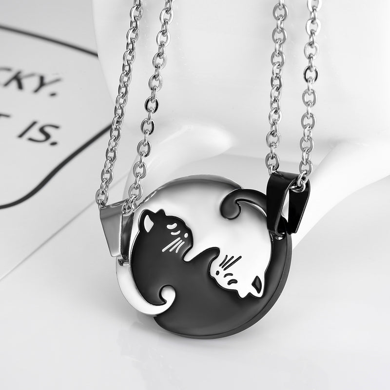 Trendy Geometric Animal Stainless Steel Necklace Cute Sweet Cat Pendant Puzzle Couple Necklace