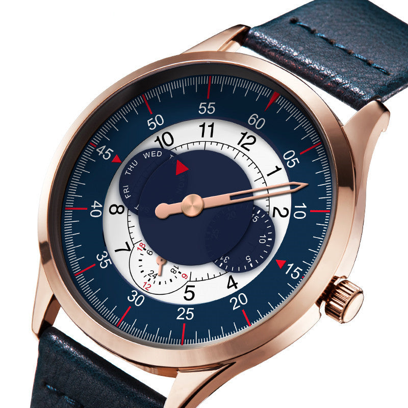 SINOBI 9815 Fashion Leather Strap Men Creative Dial Week Display 24Hour Quartz Watch