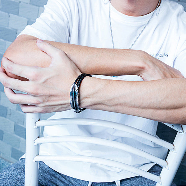 Titanium Steel Feather Skin Multi-layer Stainless Steel Braided Leather Male Bracelet