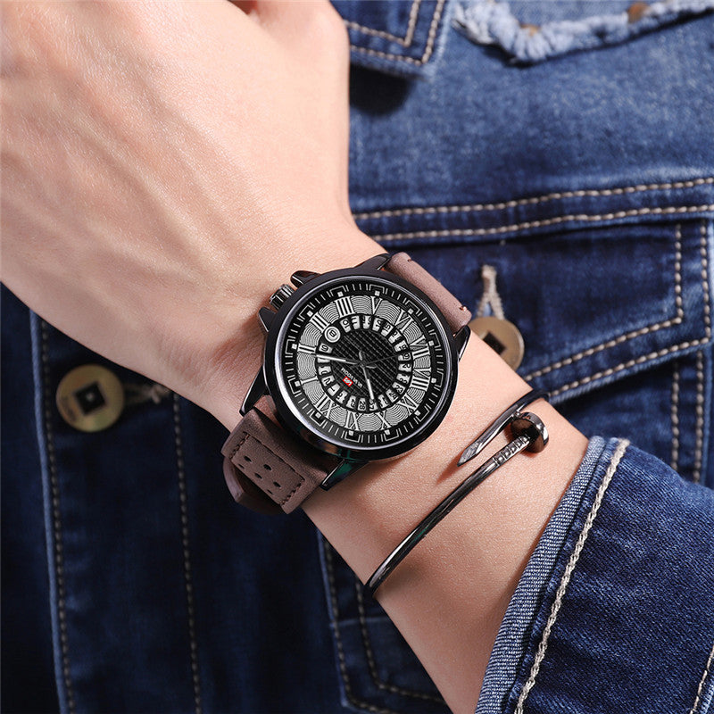 VAVAVOOM Creative Dial Calendar Display Waterproof Leather Men Wristwatch Quartz Watch