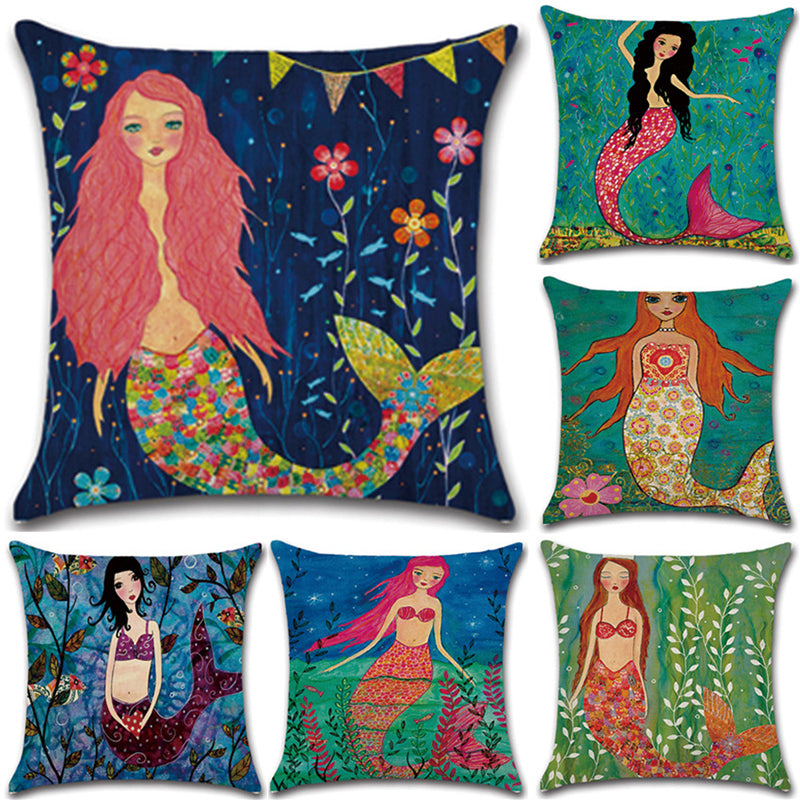 Mermaid Printed Cotton Linen Cushion Cover Square Home Decor Soft Comfortable Pillow Case