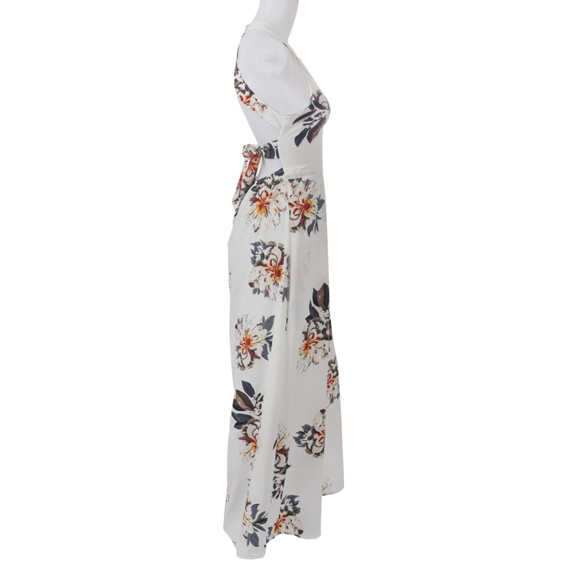 Women's New Fashion Summer Floral Print Halter Chiffon Long Dress Backless  P8D2