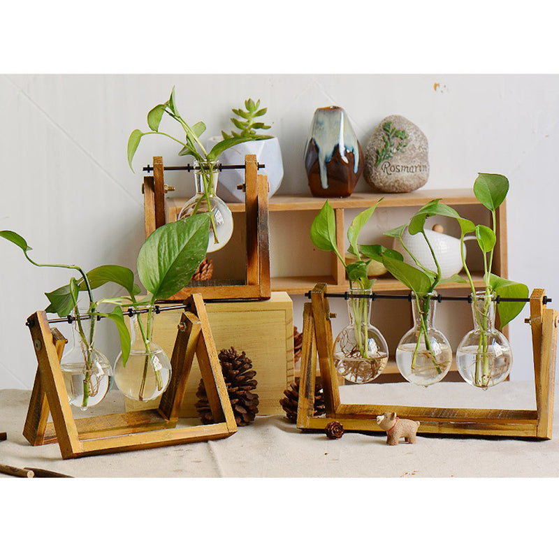 Wooden Stand Glass Terrarium Container Hydroponic System Plant Planter Flower Pot Desk Decoration