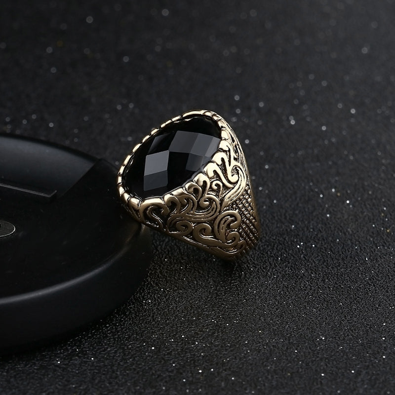 Retro Classic Black Gem Jewelry Exquisite Carved Totem Geometry Men Ring