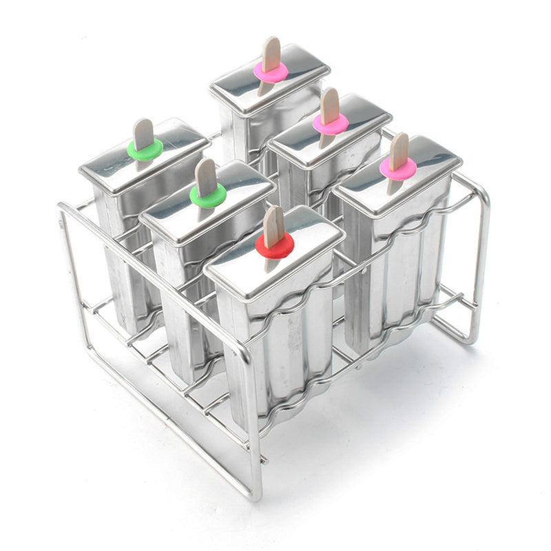 Stainless Steel Popsicle Mould Ice Pop Lolly Ice Cream Stick Holder 6 Molds
