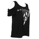 Women's New Fashion T-Shirt Sexy Off Shoulder Feather Print Short Sleeve Su C8D6