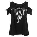 Women's New Fashion T-Shirt Sexy Off Shoulder Feather Print Short Sleeve Su C8D6