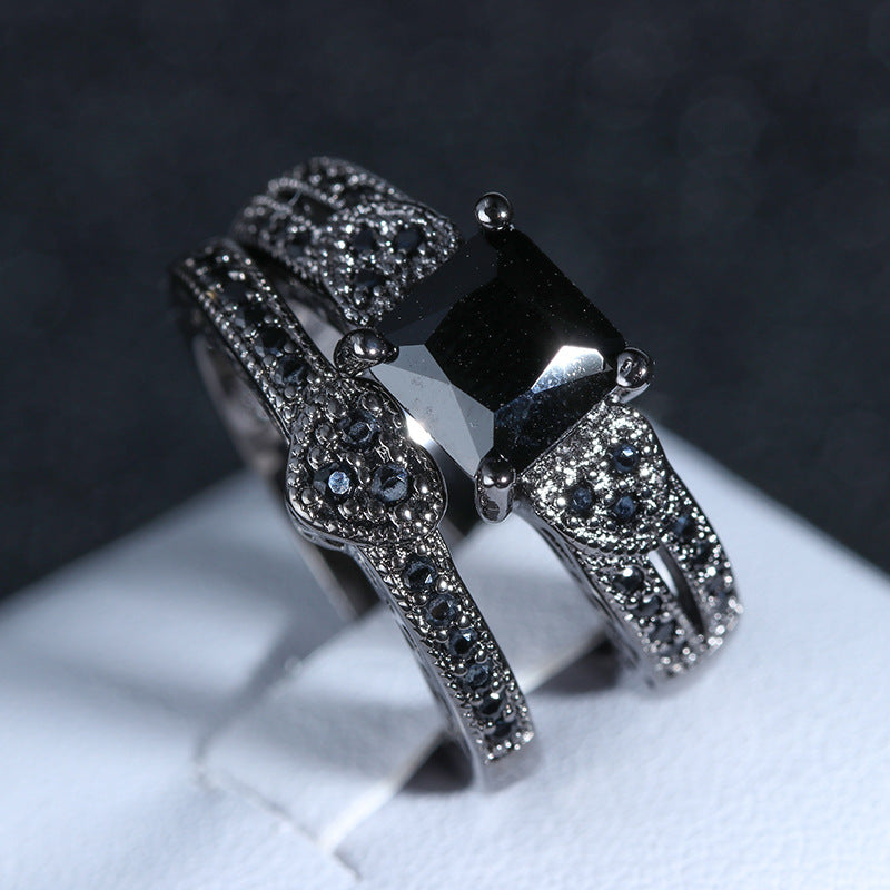2Pcs/set Classic Engagement Ring Gun Black Zirconia Heart Ring Sets for Women