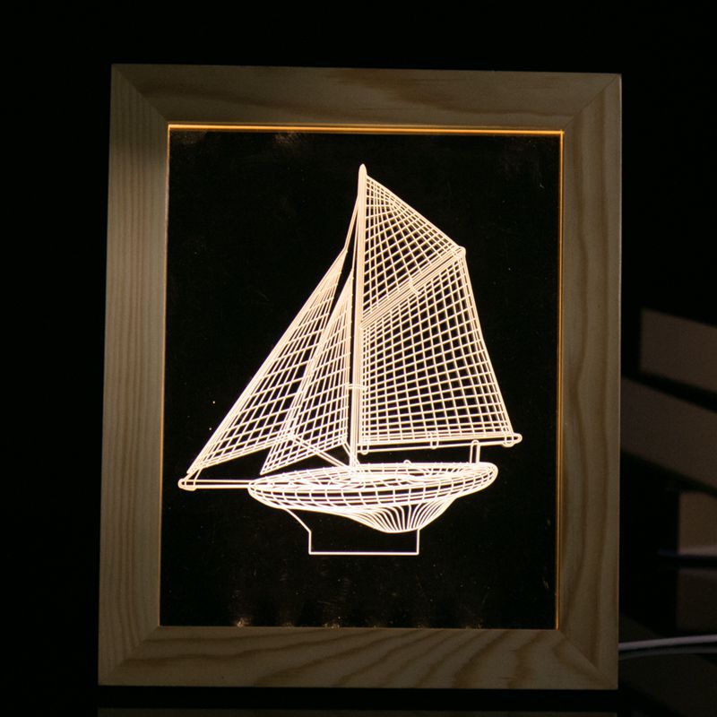 KCASA FL-702 Photo Frame Illuminative LED Night Light Wooden Sailboat Desktop Decorative USB Lamp