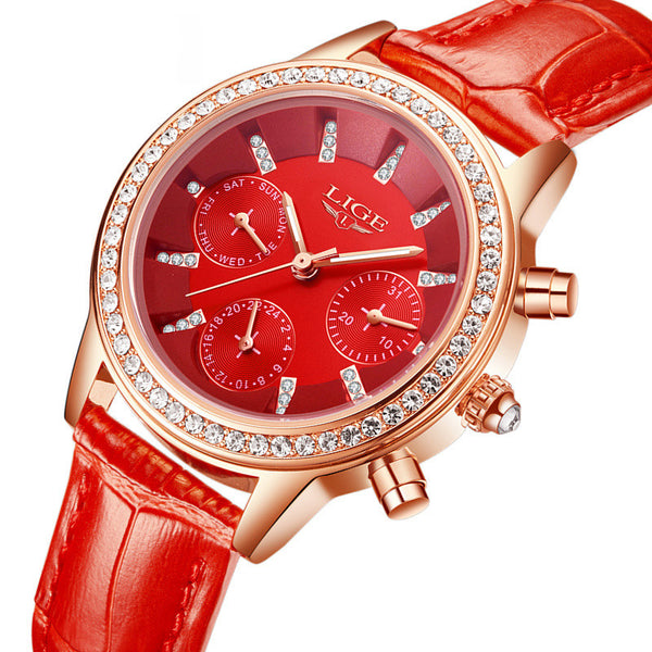 LIGE 9812 Elegant Design Date Display Ladies Wrist Watch Diamonds Leather Band Quartz Watches