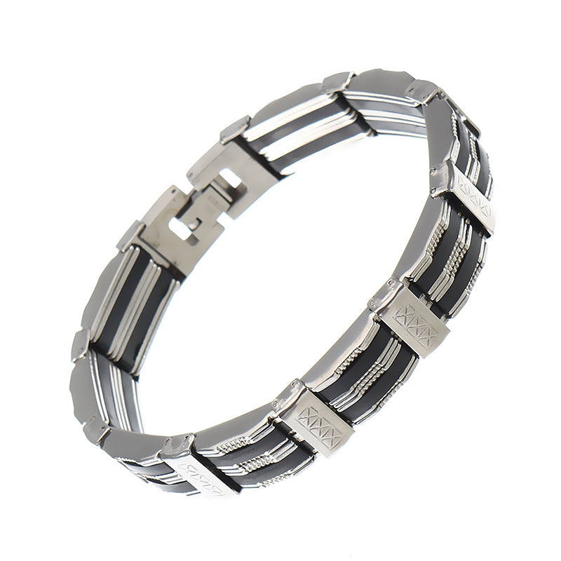 Punk Black Silicone Silver Stainless Steel Chain Wristband Bracelet for Men