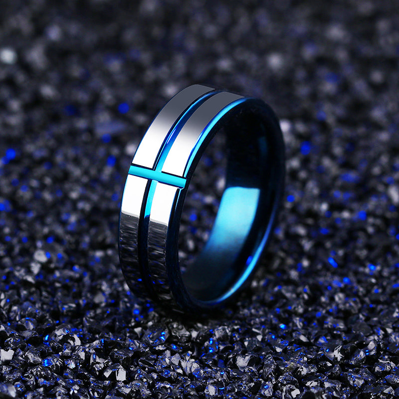 6mm Tungsten Steel Men Ring Blue Cross Simple Trendy Jewelry